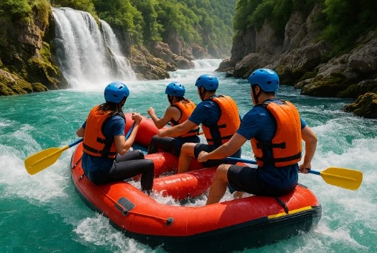 Gruppe junger Leute beim Rafting zwischen Bergen