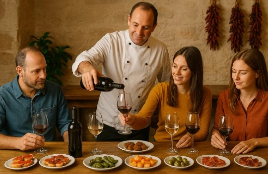 Familie bei einer Weinverkostung mit Tapas. Ein Sommelier schenkt einer Frau Wein ein.