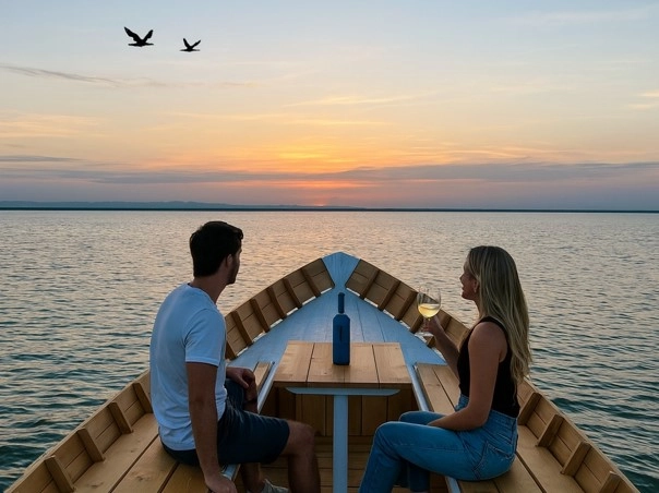 Zwei Verliebte in der Albufera von Valencia, die bei Sonnenuntergang auf einem Boot Cava trinken.