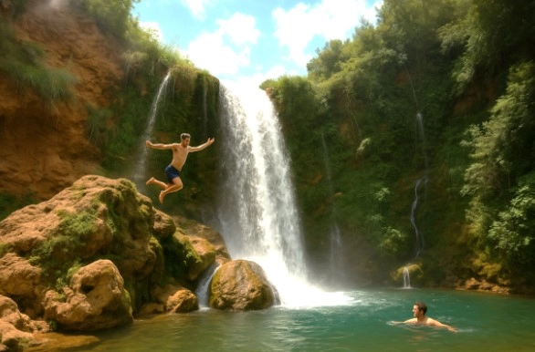 Badegäste springen von einem Wasserfall in einen Fluss bei Bocairent.