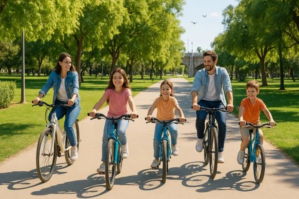 Familie fährt Fahrrad im Turia-Garten in Valencia
