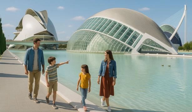 Familie besucht die Stadt der Künste und Wissenschaften in Valencia
