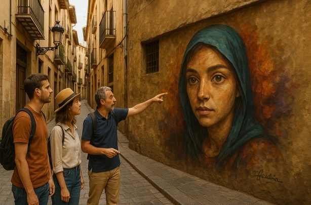 Street-Art-Tour in Valencia: Touristen mit Guide im Viertel El Carmen betrachten Graffiti.