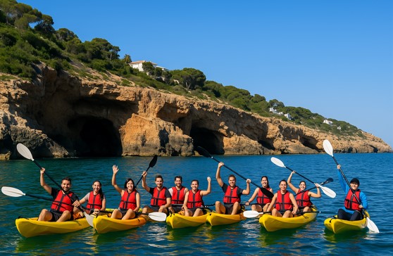 Junge Menschen im Kajak an der Küste von Dénia unterwegs