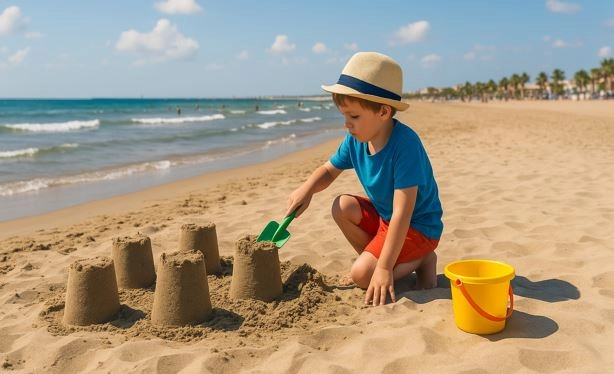 Kind spielt am Strand Malvarrosa in Valencia