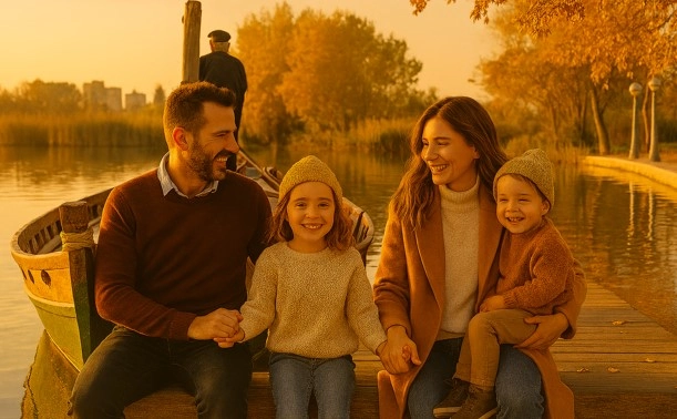 Familie in der Albufera von Valencia im Herbst