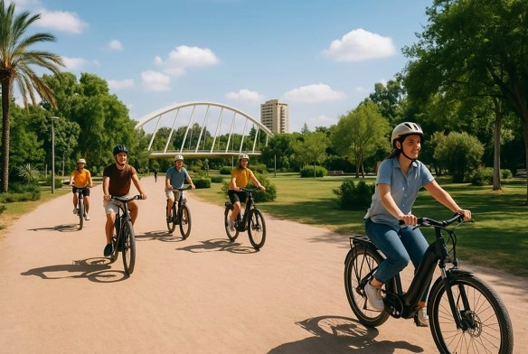 Familie fährt mit dem E-Bike durch den Turia-Garten in Valencia