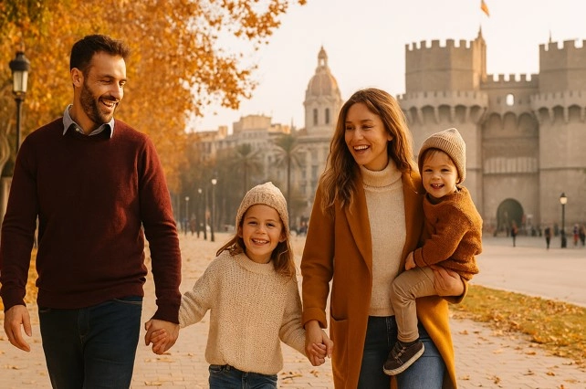 Glückliche Familie spaziert im Herbst durch Valencia