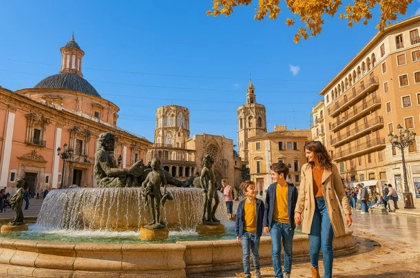 Familie auf der Plaza de la Virgen in Valencia im Herbst