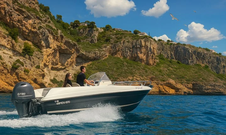 Paar beim Bootfahren vor Dénia an der Costa Blanca