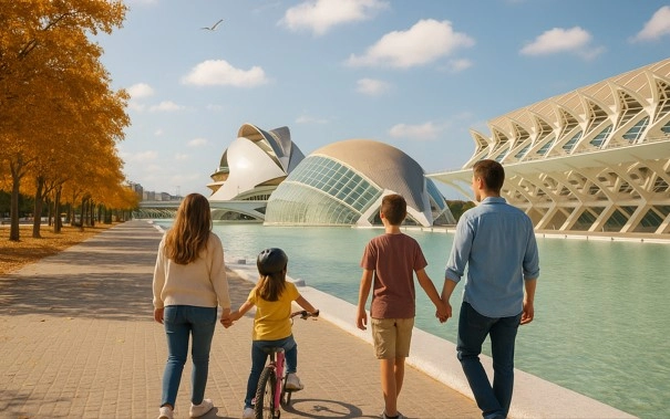 Familie in der Stadt der Künste und Wissenschaften in Valencia
