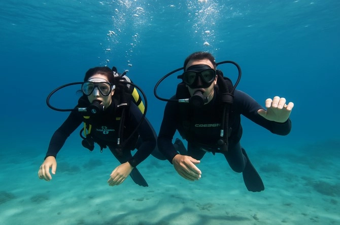 Zwei Taucher erkunden das kristallklare Wasser von Dénia bei einem sicheren Tauchgang im Mittelmeer.