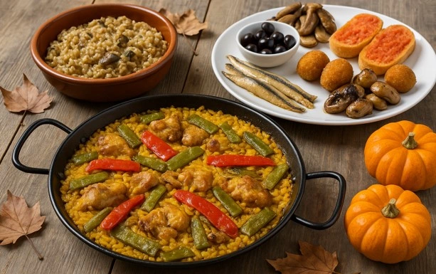 Typische Lebensmittel aus Valencia: Paella, Kürbis, Oliven, Kroketten ...