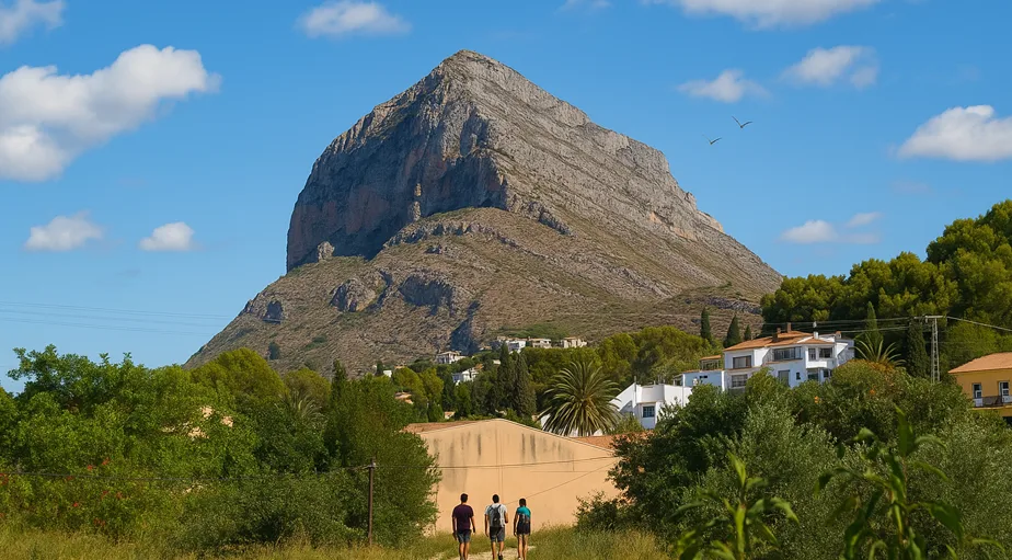 Blick auf den Naturpark Montgó bei Dénia, mit grüner Landschaft und felsigem Bergmassiv im Hintergrund.