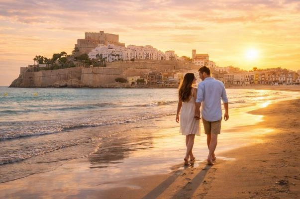 Deutschsprachige Touristen am Strand von Peñíscola mit Blick auf die Burg Papa Luna.