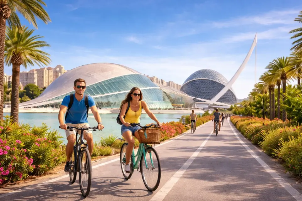 Radfahrer auf einer Fahrradtour durch Valencia mit der Stadt der Künste und Wissenschaften im Hintergrund.