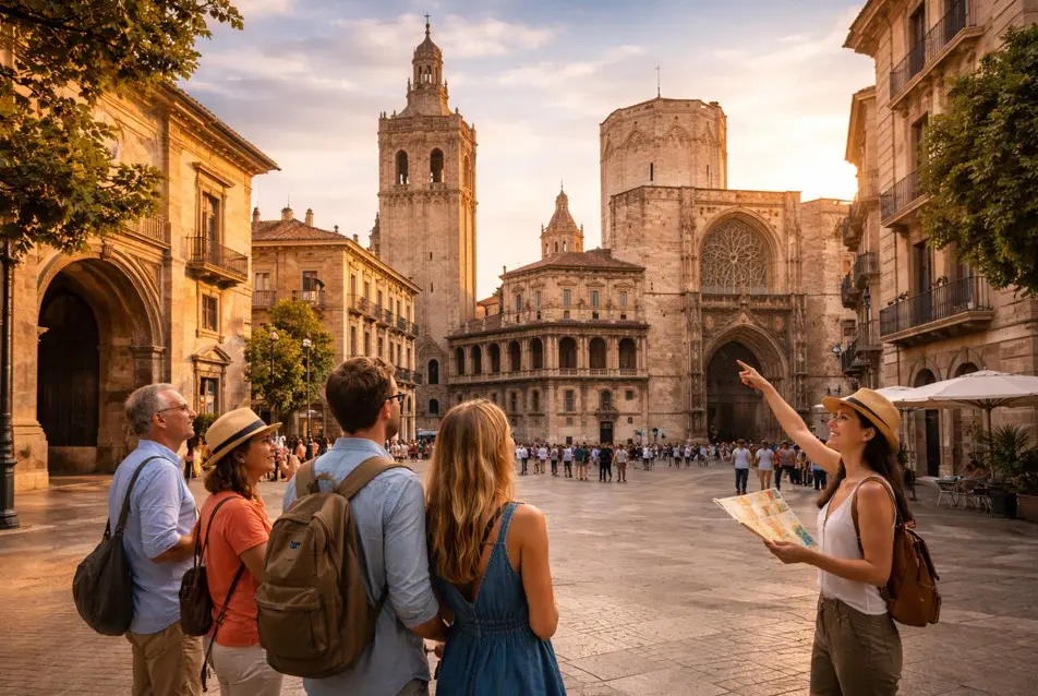 Gruppe von Touristen mit Stadtführerin vor der Kathedrale von Valencia bei Sonnenuntergang, auf der Plaza de la Virgen im historischen Zentrum.