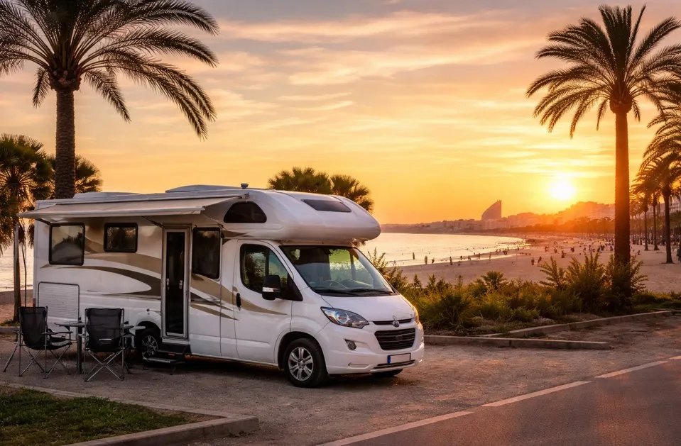 Wohnmobil am Strand von Valencia bei Sonnenuntergang, umgeben von Palmen – idealer Ort für Wohnmobilurlaub in Spanien