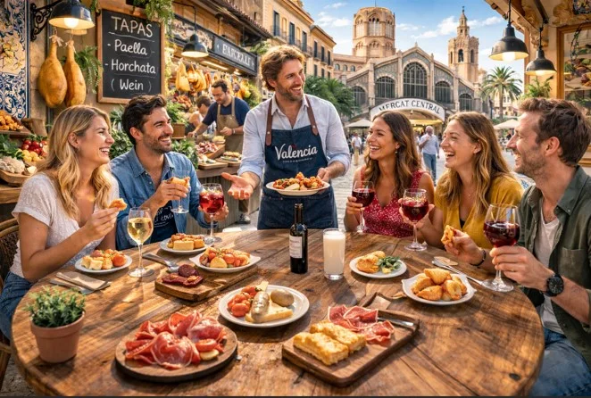 Tapas-Tour in Valencia auf Deutsch mit kleiner Gruppe vor dem Mercat Central.