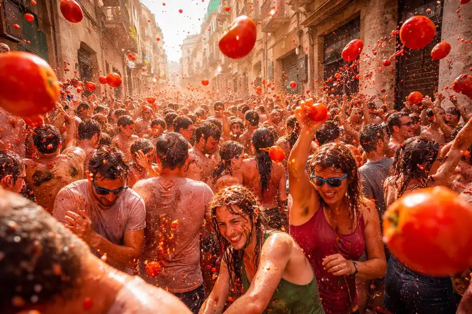 La Tomatina in Buñol: Menschenmenge bei der Tomatenschlacht, fliegende Tomaten und rote Spritzer in einer sonnigen Straße.