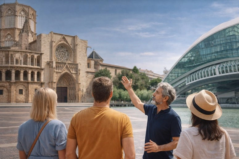 Lokaler Guide erklärt auf Deutsch die Architektur Valencias vor der Kathedrale und der Stadt der Künste und Wissenschaften während einer privaten Führung