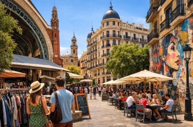 Turistas paseando por una zona emblemática de Valencia entre terrazas, mercado, tiendas vintage y edificios históricos en los barrios de Ruzafa, Eixample y Cánovas.