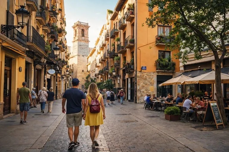 Touristen, die durch die Altstadt von Valencia spazieren
