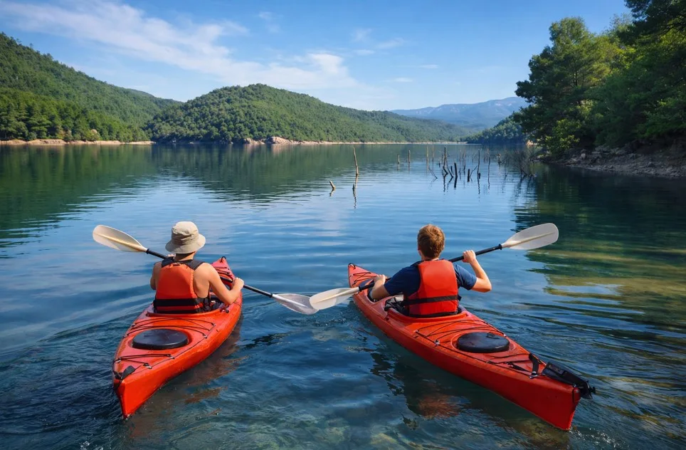 Zwei Touristen paddeln mit roten Kajaks über den ruhigen Loriguilla-Stausee bei Chulilla, umgeben von Bergen, Pinienwäldern und klarem Wasser.