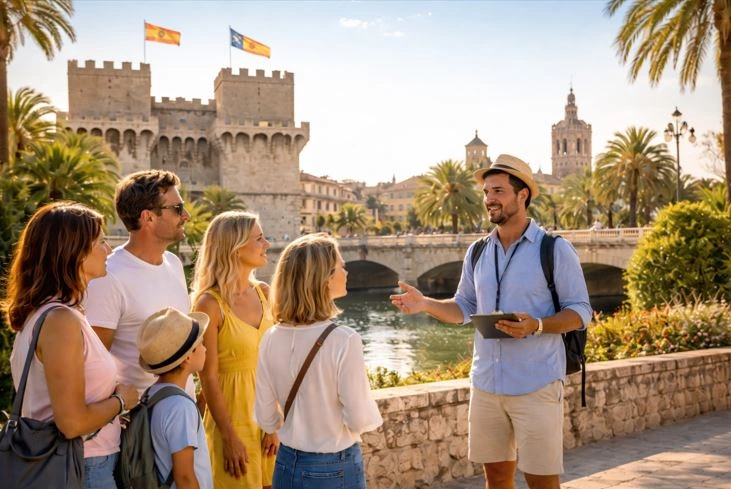 Touristen bei einer privaten Stadtführung durch Valencia.