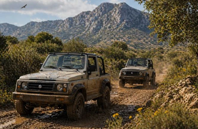 Zwei 4x4-Fahrzeuge fahren auf einem schlammigen Bergweg in der Umgebung von Moraira (Alicante), umgeben von Natur und mit Bergen im Hintergrund – auf einer Offroad-Tour an der Costa Blanca.