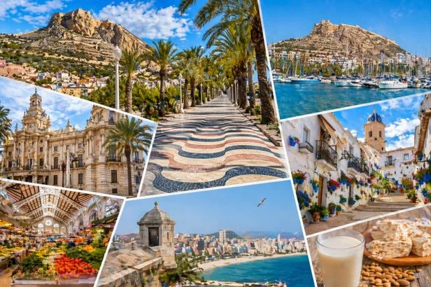 Collage der wichtigsten Sehenswürdigkeiten von Alicante mit Blick auf die Burg Santa Bárbara, die Explanada de España, die Altstadt, den Hafen und den Zentralmarkt – zeigt die Highlights der Stadt in einer einzigen Tour.