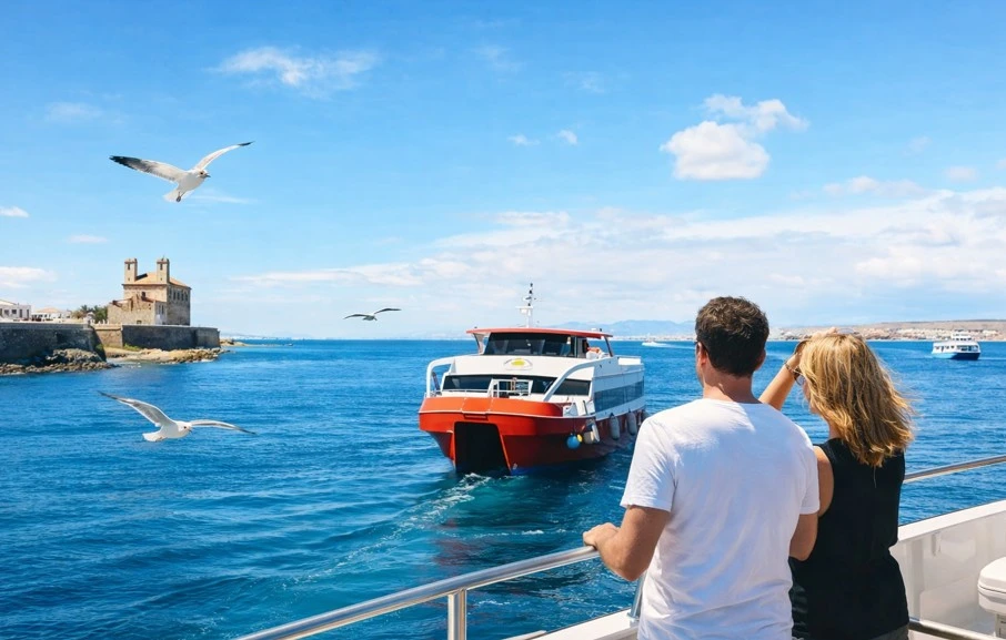 Touristen beobachten eine Fähre zur Insel Tabarca, während Möwen über dem Meer vor der Küste von Alicante fliegen.