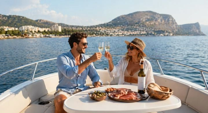 Paar stößt mit Weingläsern auf einem privaten Boot während einer Gourmet-Bootstour entlang der Küste von Dénia und Jávea an, mit iberischem Schinken und Blick auf das Mittelmeer.