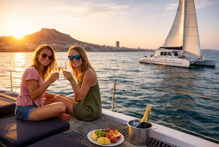 Zwei Touristinnen genießen bei Sonnenuntergang eine Katamaranfahrt in Alicante mit Getränken an Bord und Blick auf das Meer.