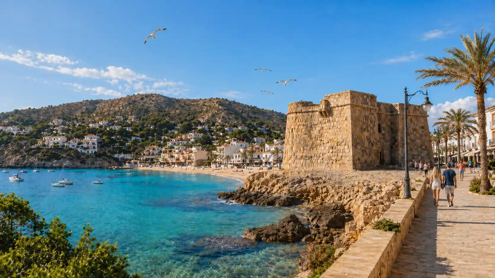 Blick auf das Castillo de Moraira direkt am Meer, mit kristallklarem Wasser und Promenade an der Costa Blanca.