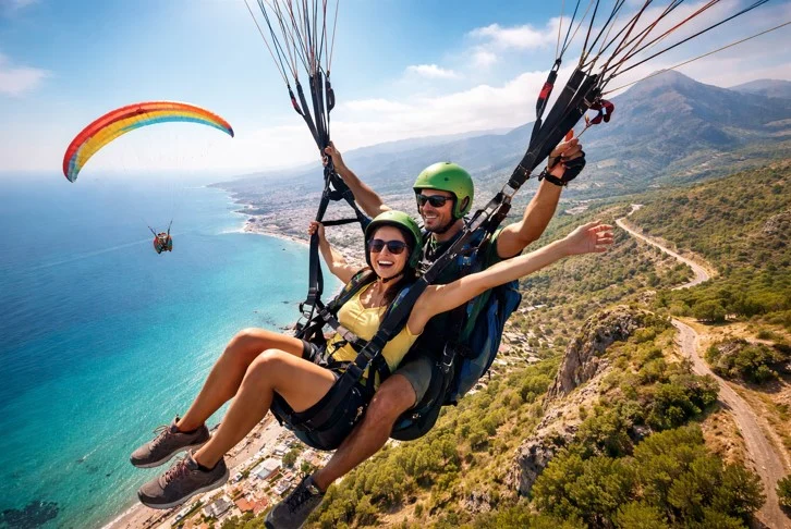 Paragliding in Alicante über der Küste von Santa Pola mit Blick auf das Mittelmeer bei einem Tandemflug