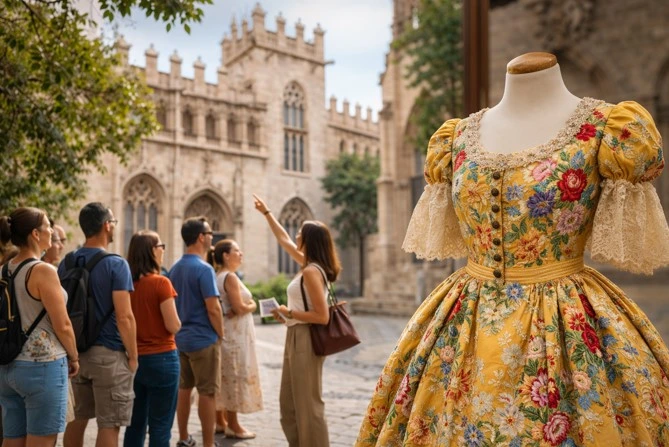 Geführte Gruppe vor der Lonja de la Seda in Valencia mit traditionellem valencianischem Seidenkleid im Vordergrund