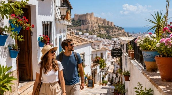 Touristenpaar spaziert fröhlich durch das Viertel Santa Cruz in Alicante, mit der Burg Santa Bárbara im Hintergrund.
