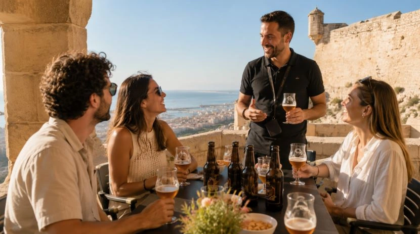 Touristen bei einer Bierverkostung auf der Burg Santa Bárbara in Alicante.