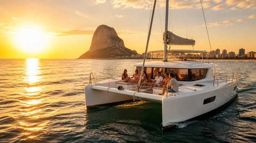 Katamaran bei Sonnenuntergang auf dem Mittelmeer vor dem Peñón de Ifach in Calpe.