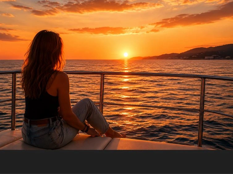 Frau sitzt auf einem Katamaran vor der Küste von Gandía und genießt den Sonnenuntergang über dem Mittelmeer.
