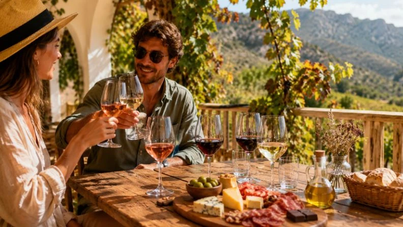 Zwei Touristen genießen eine Weinverkostung mit Käse, Wurstwaren und Olivenöl auf einer Terrasse mit Bergblick bei Guadalest.