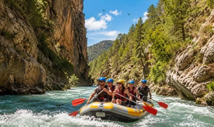 Junge Leute beim Rafting auf dem Río Mijares in Montanejos.