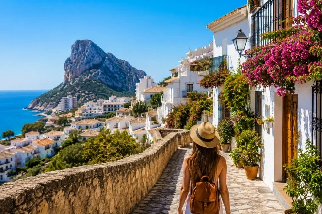 Tourist beim Spaziergang durch die Altstadt von Calpe mit weißen Häusern, Blumen und Blick auf den Peñón de Ifach und das Mittelmeer.