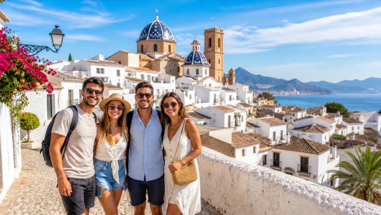 Touristen posieren lächelnd im historischen Zentrum von Altea mit weißen Häusern, den blauen Kuppeln der Kirche und dem Mittelmeer im Hintergrund.