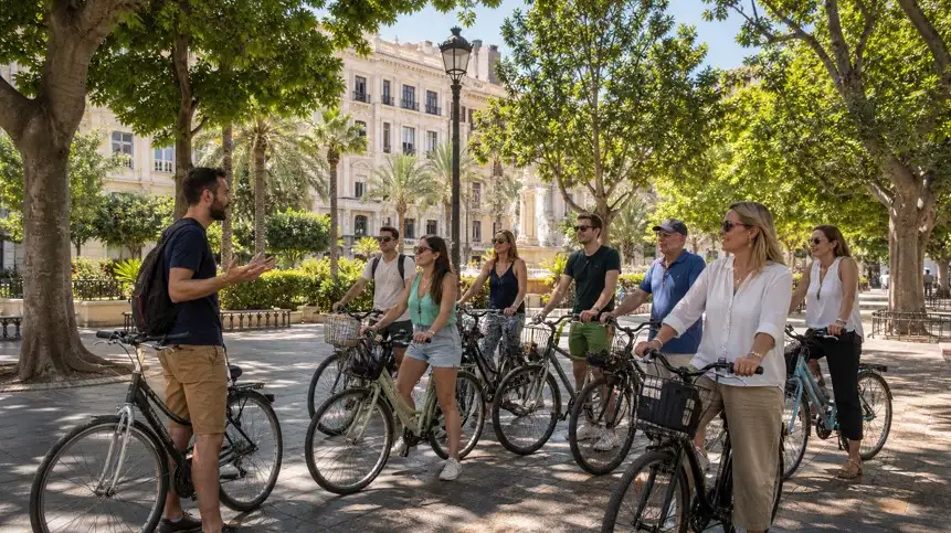 Gruppe von Touristen mit Fahrrädern während einer geführten Fahrradtour durch das Zentrum von Alicante.