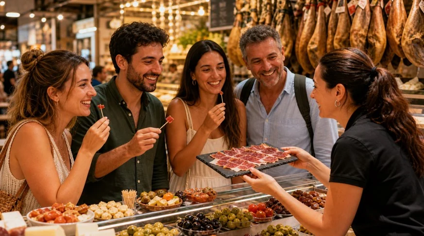 Touristen probieren Tapas und lokale Produkte bei einer Verkostung im Mercado Central von Alicante.