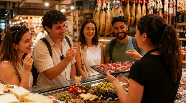Touristen probieren Tapas und lokale Spezialitäten bei einer kulinarischen Tour im Mercado Central von Alicante.