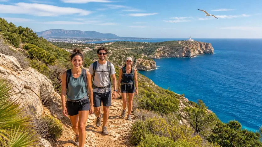 Drei Touristen beim Wandern in den Bergen von Dénia und Jávea