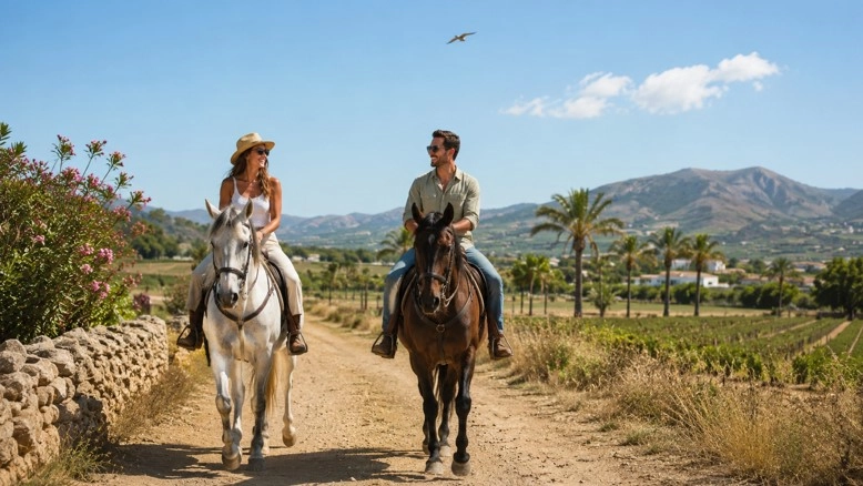 Zwei Touristen bei einem Ausritt durch die Landschaft rund um Torrevieja.